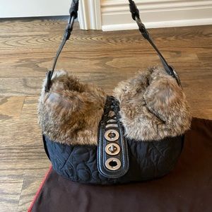 Coach Rabbit Fur Trimmed Black Bag  G04k-9443